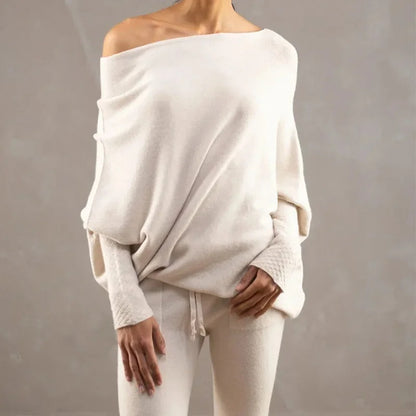 Women's knit sweater with off-shoulder long-sleeve draped fit