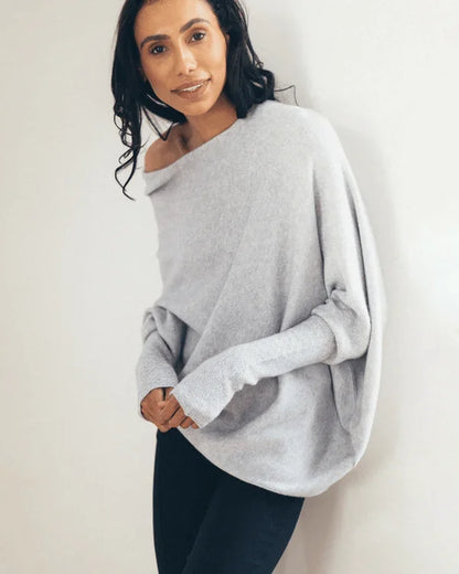 Women's knit sweater with off-shoulder long-sleeve draped fit