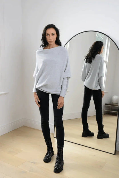 Women's knit sweater with off-shoulder long-sleeve draped fit