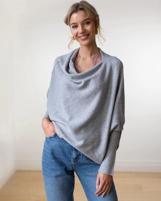 Women's knit sweater with off-shoulder long-sleeve draped fit