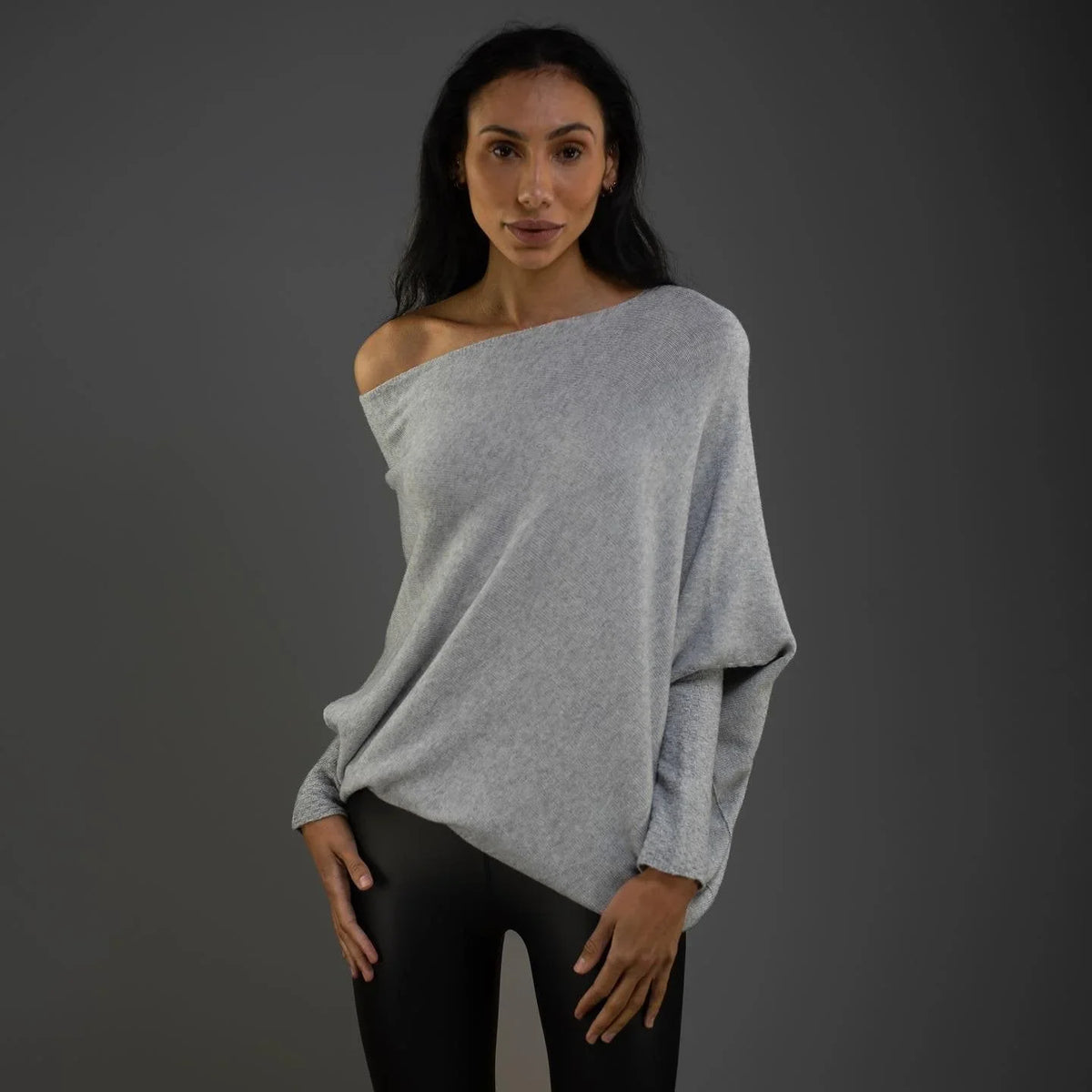 Women's knit sweater with off-shoulder long-sleeve draped fit