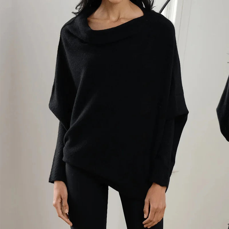 Women's knit sweater with off-shoulder long-sleeve draped fit – Black