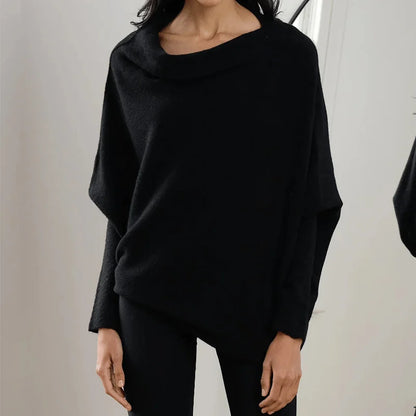 Women's knit sweater with off-shoulder long-sleeve draped fit – Black