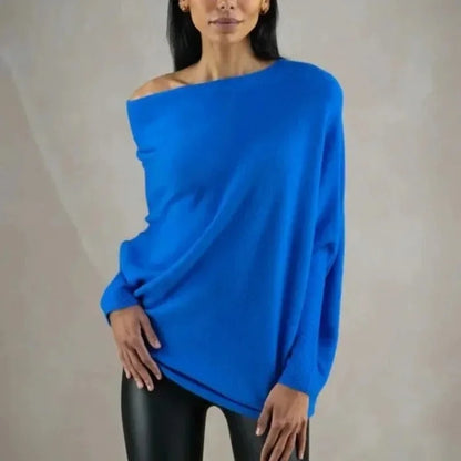 Women's knit sweater with off-shoulder long-sleeve draped fit – Blue