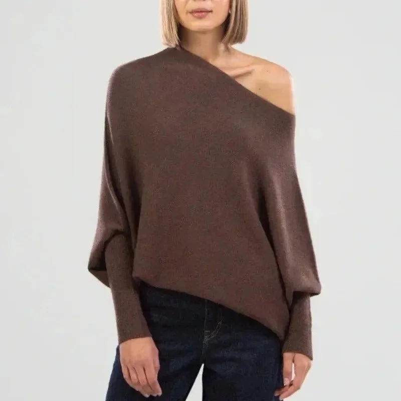 Women's knit sweater with off-shoulder long-sleeve draped fit – Brown