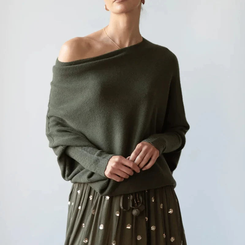Women's knit sweater with off-shoulder long-sleeve draped fit – Green