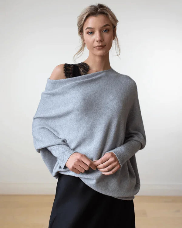 Women's knit sweater with off-shoulder long-sleeve draped fit – Light Grey