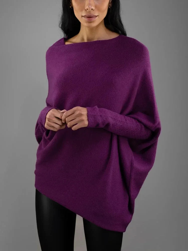 Women's knit sweater with off-shoulder long-sleeve draped fit – Purple