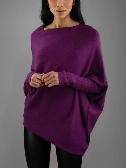 Women's knit sweater with off-shoulder long-sleeve draped fit – Purple