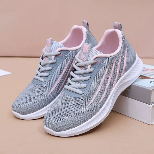 Women's knit athletic running sneakers with lace-up striped design – Grey