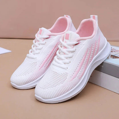 Women's knit athletic running sneakers with lace-up striped design – White