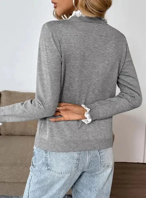 Women's retro long-sleeve knit sweater with lace-trim mock-neck and henley buttons – Grey