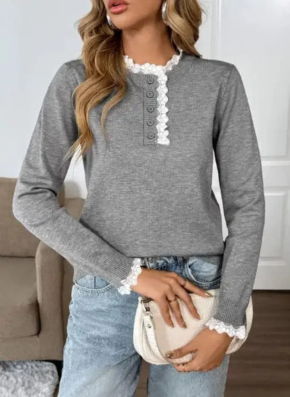 Women's retro long-sleeve knit sweater with lace-trim mock-neck and henley buttons – Grey
