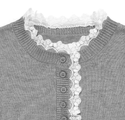 Women's retro long-sleeve knit sweater with lace-trim mock-neck and henley buttons – Grey