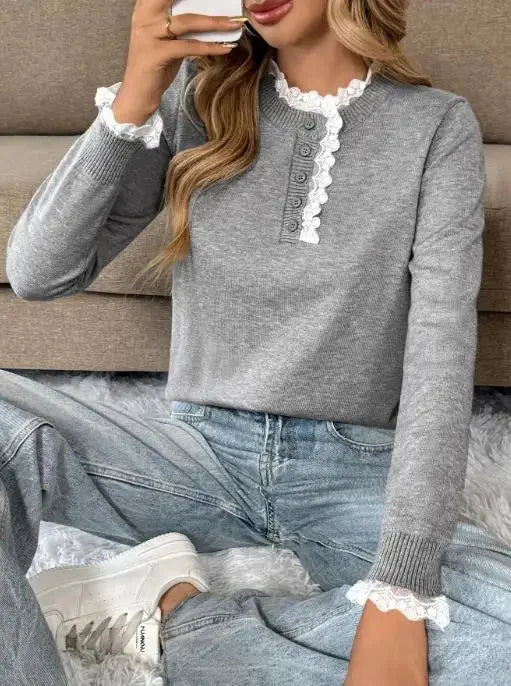 Women's retro long-sleeve knit sweater with lace-trim mock-neck and henley buttons – Grey