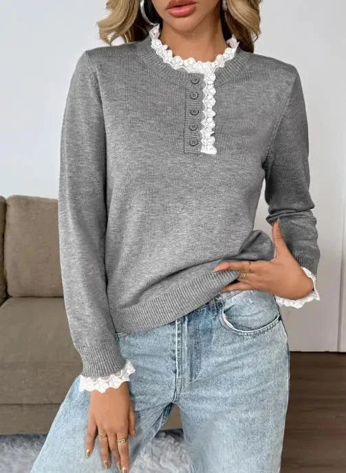 Women's retro long-sleeve knit sweater with lace-trim mock-neck and henley buttons – Grey