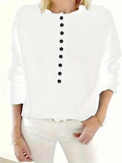 Women's half-button V-neck long sleeve knit sweater