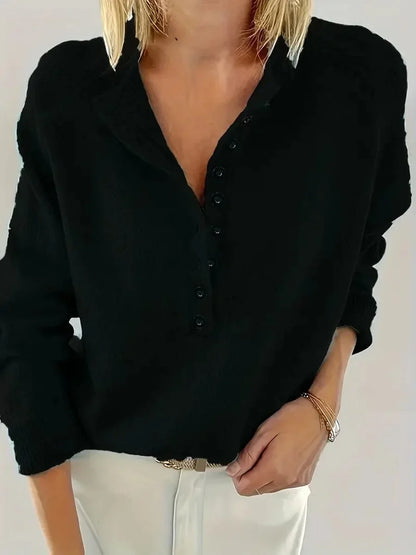 Women's half-button V-neck long sleeve knit sweater – Black