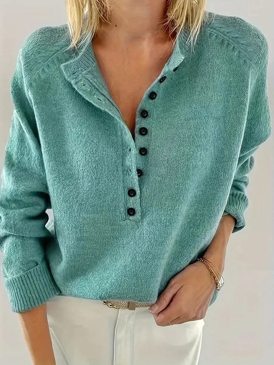 Women's half-button V-neck long sleeve knit sweater – Emerald Green