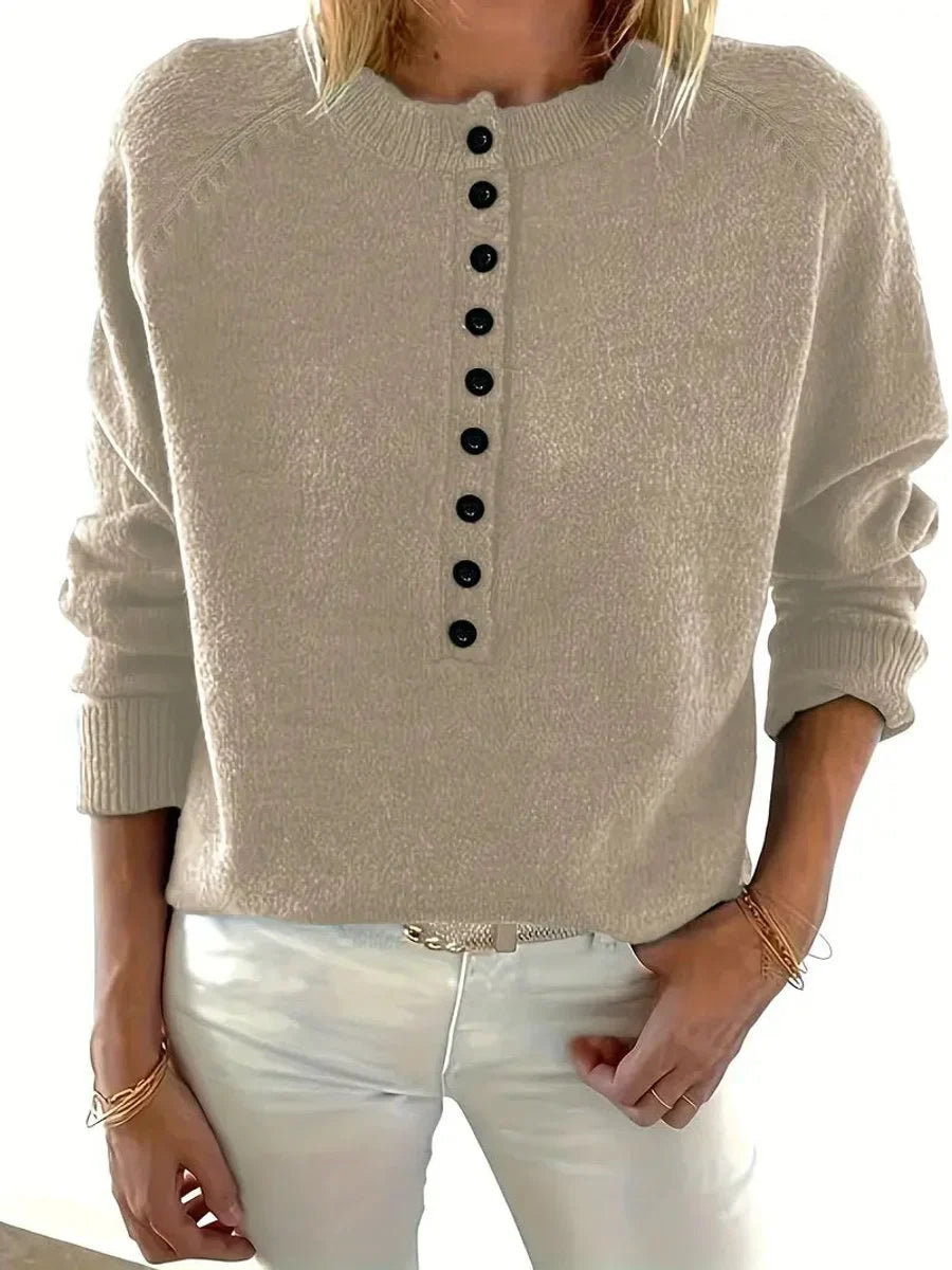 Women's half-button V-neck long sleeve knit sweater