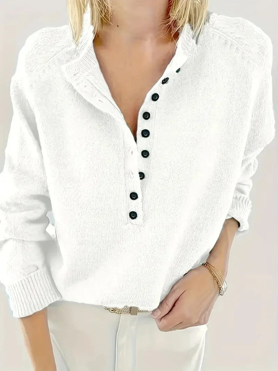 Women's half-button V-neck long sleeve knit sweater – White