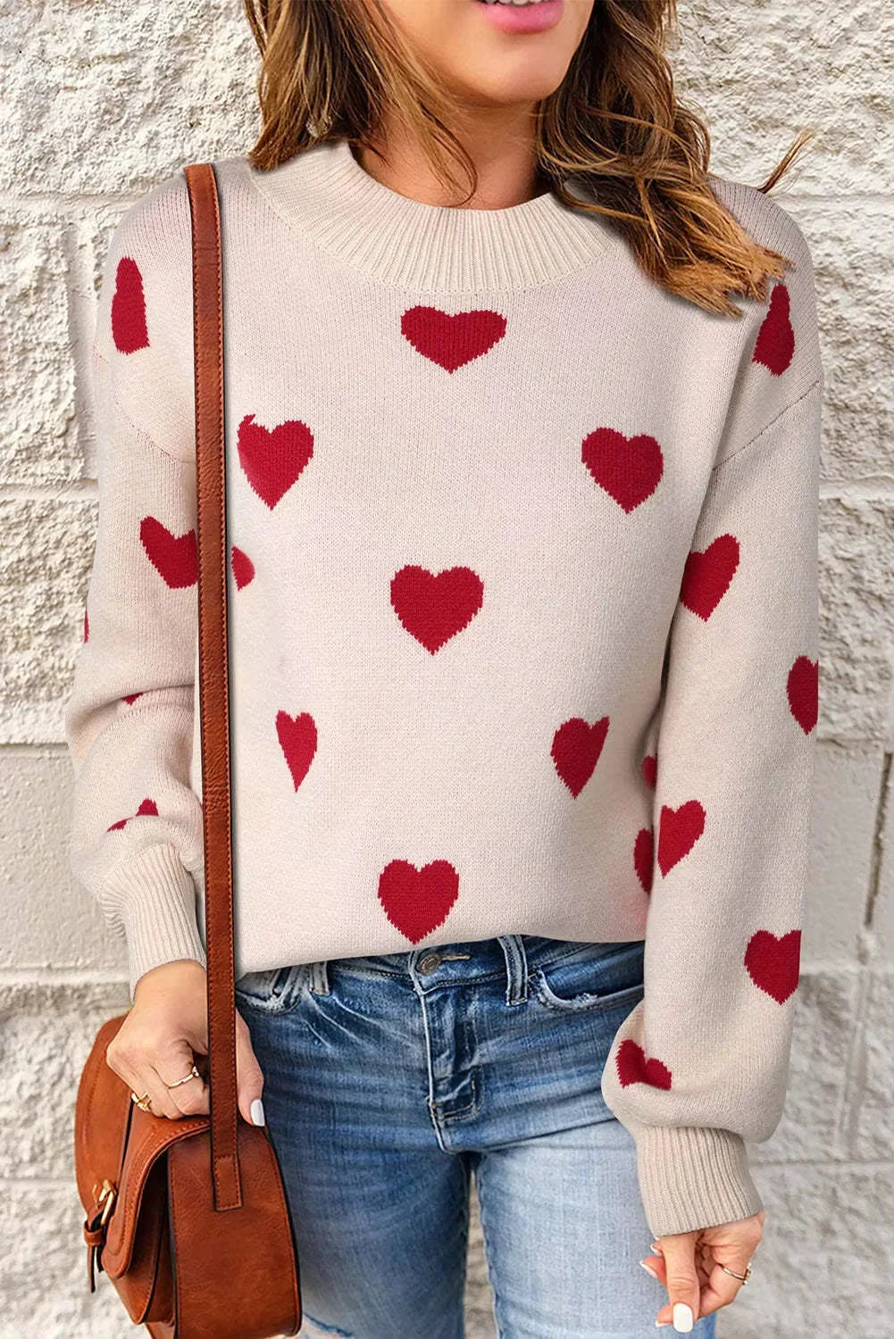 Women's heart print long-sleeve knit sweater with crew neck and ribbed cuffs – Pink