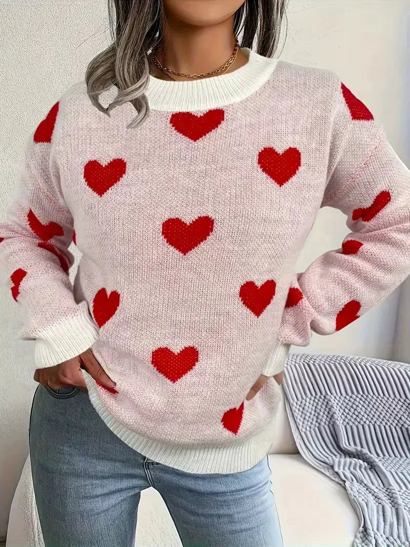 Women's heart print long-sleeve knit sweater with crew neck and ribbed cuffs – White