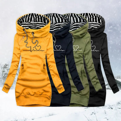 Women's heartbeat print hooded long sleeve dress sweater