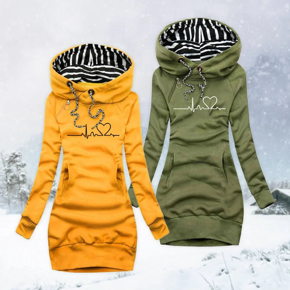 Women's heartbeat print hooded long sleeve dress sweater