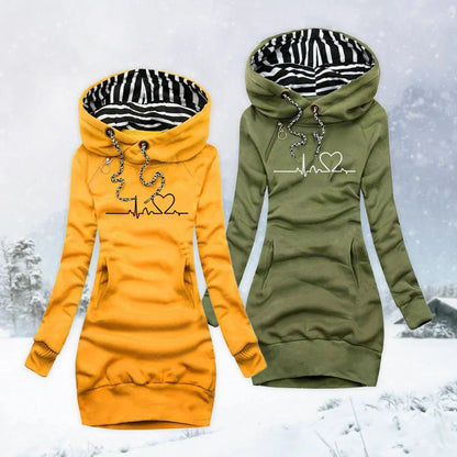 Women's heartbeat print hooded long sleeve dress sweater