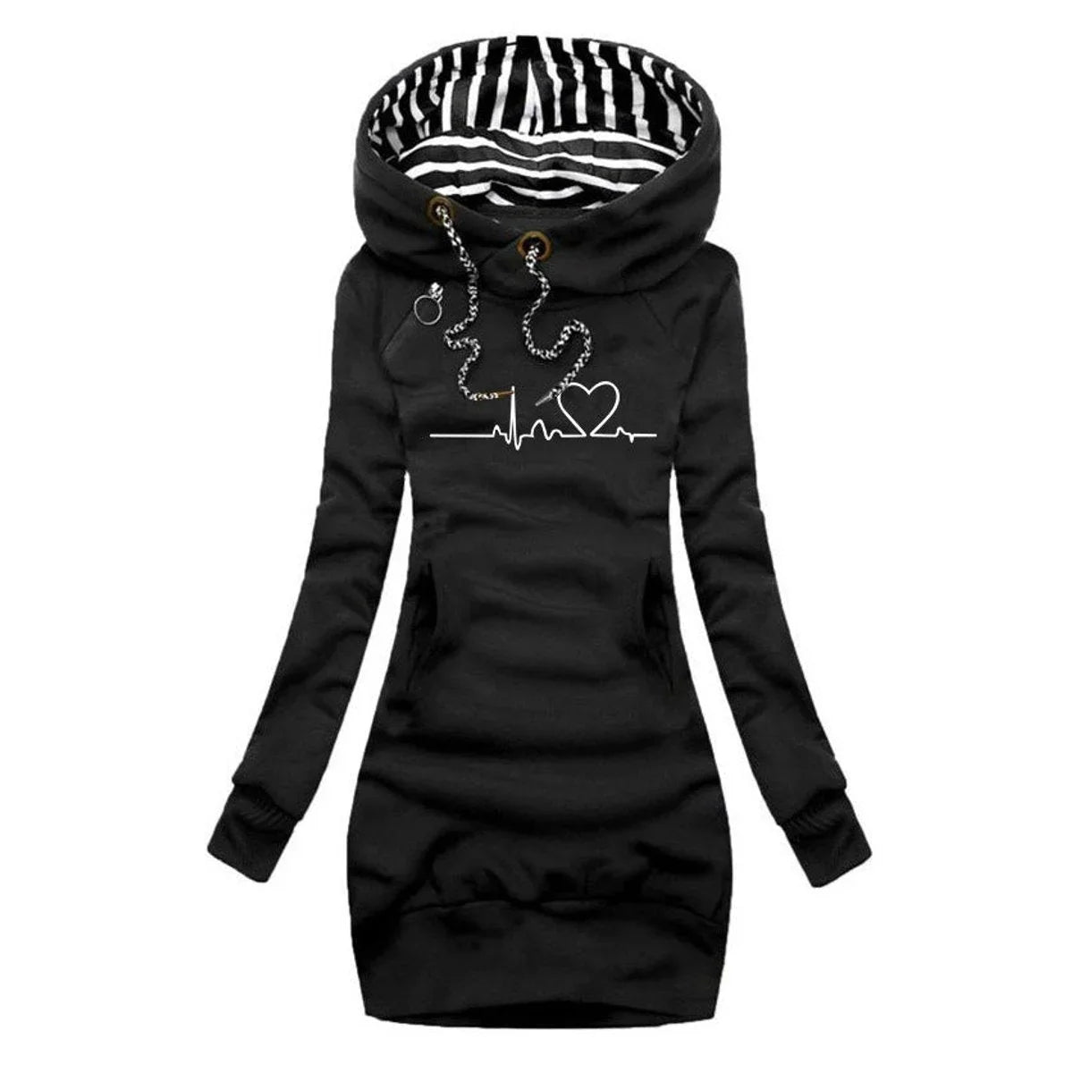 Women's heartbeat print hooded long sleeve dress sweater – Black