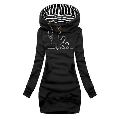 Women's heartbeat print hooded long sleeve dress sweater – Black