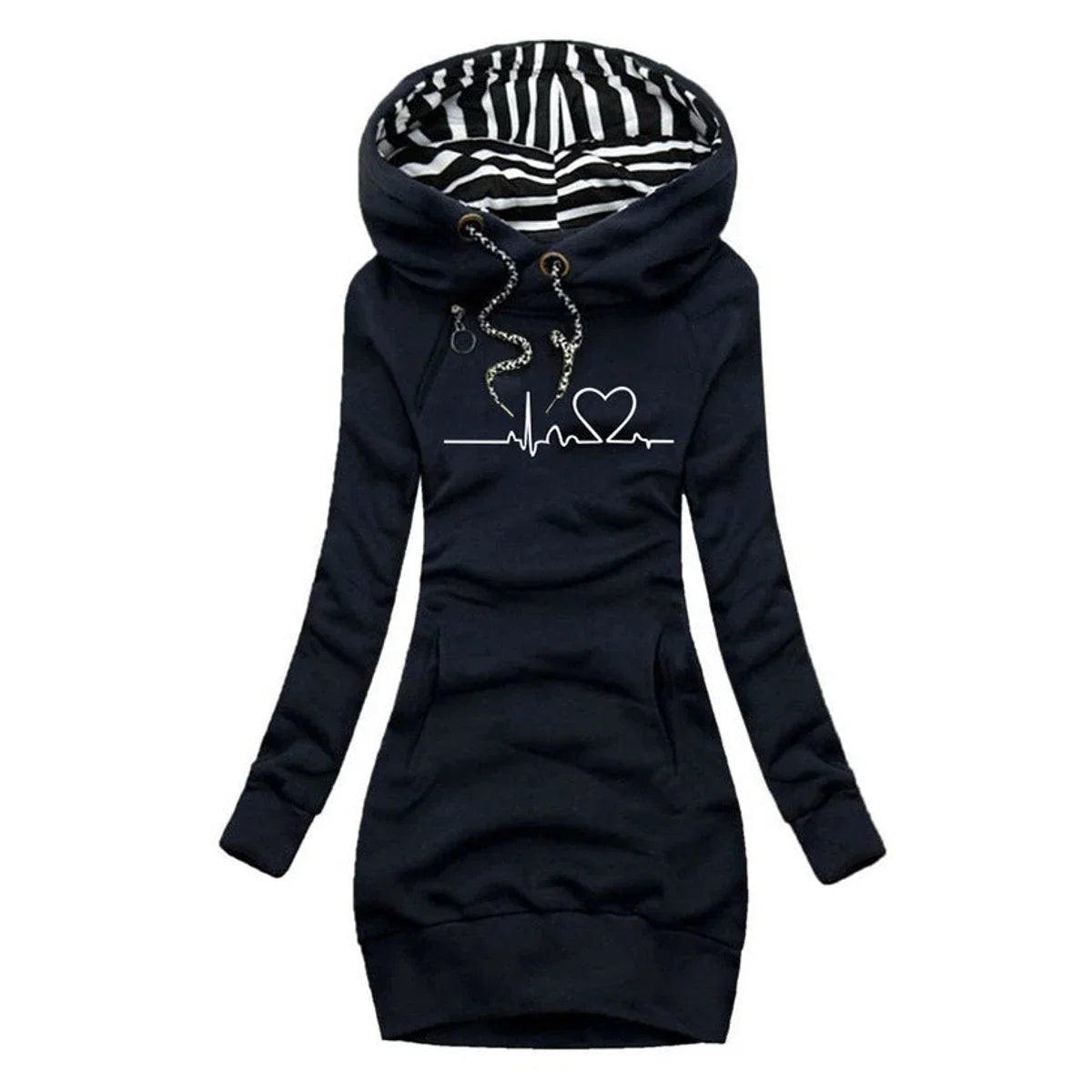 Women's heartbeat print hooded long sleeve dress sweater – Blue