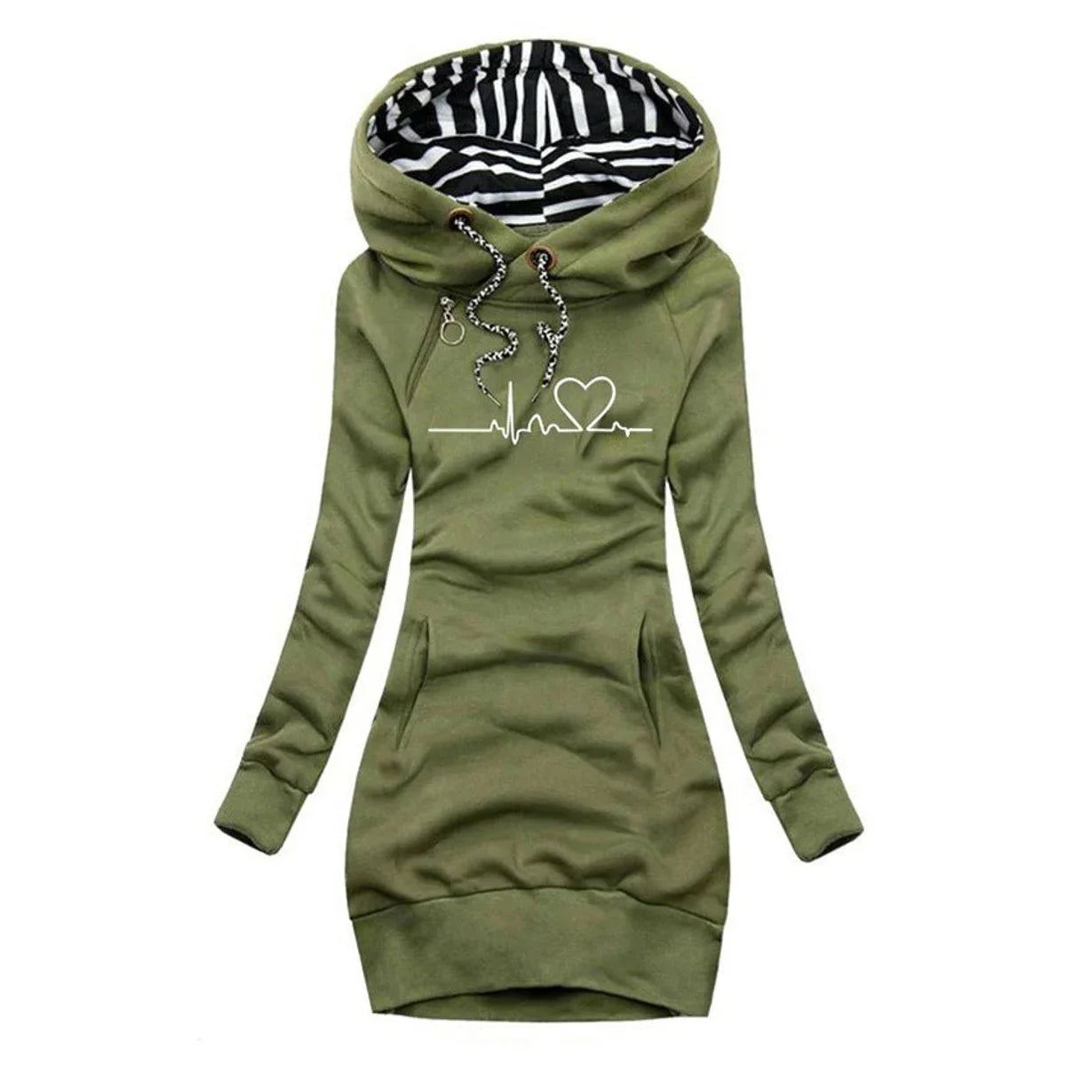 Women's heartbeat print hooded long sleeve dress sweater – Green
