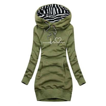 Women's heartbeat print hooded long sleeve dress sweater – Green