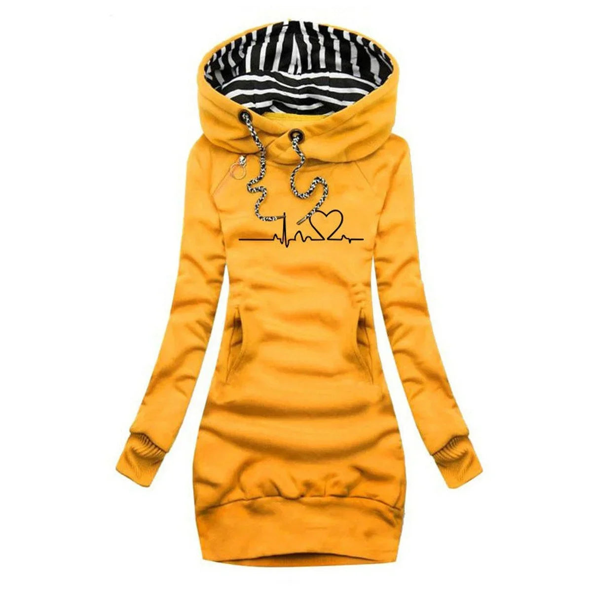 Women's heartbeat print hooded long sleeve dress sweater – Yellow