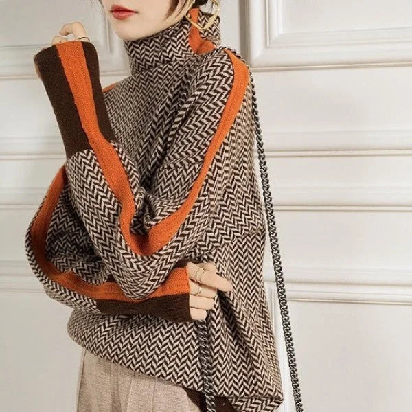Women's herringbone colorblock long-sleeve sweater with turtleneck