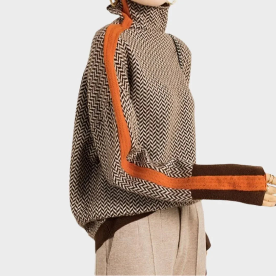 Women's herringbone colorblock long-sleeve sweater with turtleneck