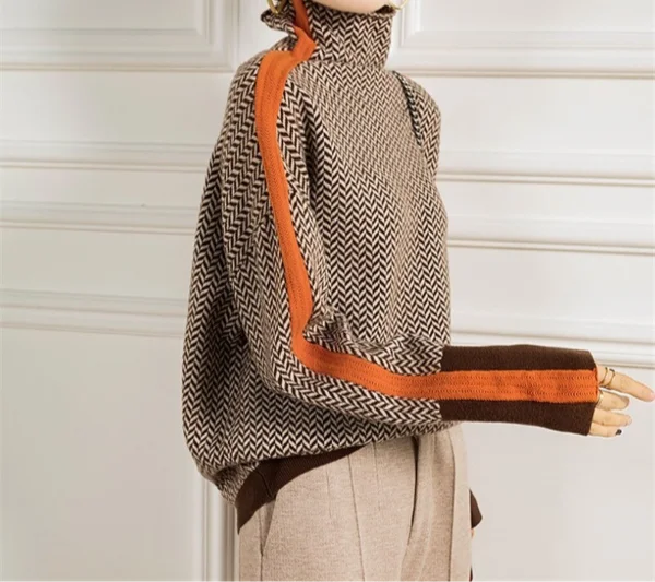 Women's herringbone colorblock long-sleeve sweater with turtleneck