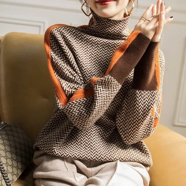 Women's herringbone colorblock long-sleeve sweater with turtleneck