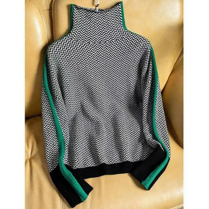 Women's herringbone colorblock long-sleeve sweater with turtleneck – Green