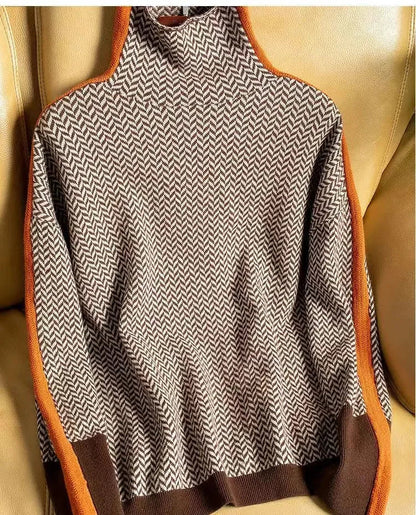 Women's herringbone colorblock long-sleeve sweater with turtleneck – Orange