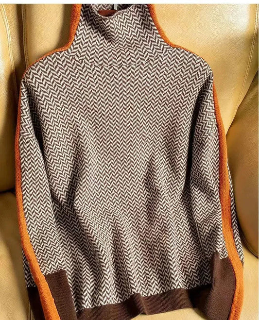 Women's herringbone colorblock long-sleeve sweater with turtleneck – Orange