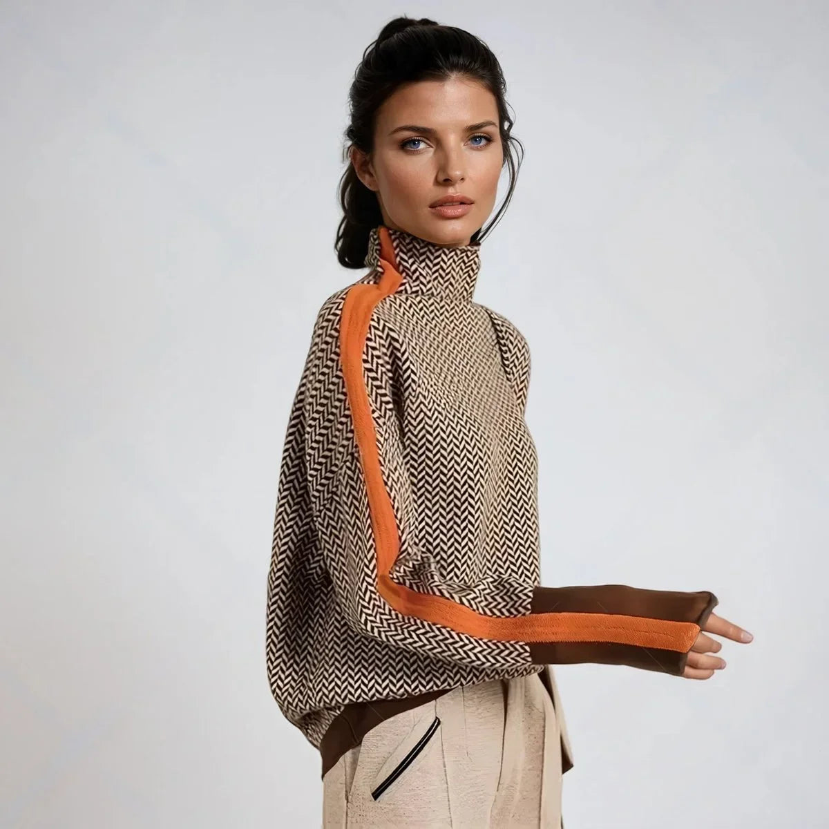 Women's herringbone contrast-trim oversized turtleneck sweater – Orange