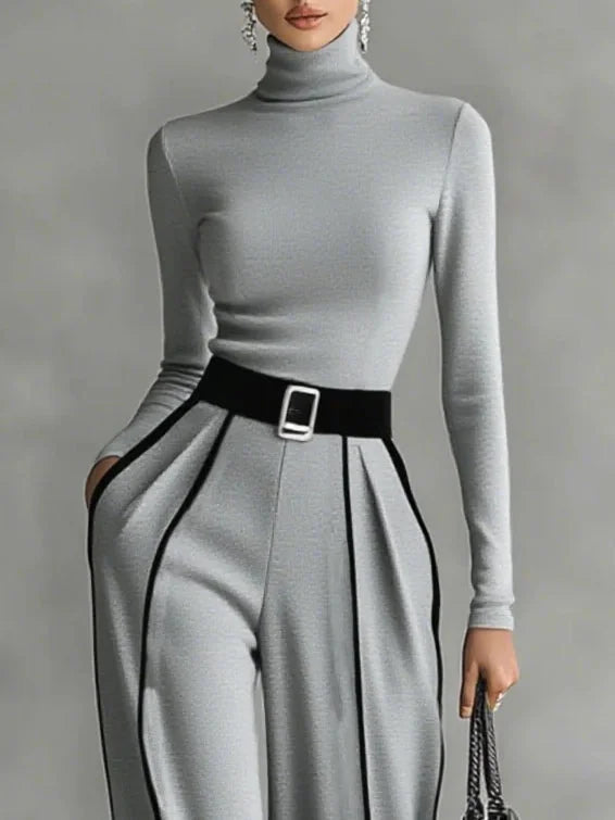 Women's high-neck long-sleeve wide-leg matching set with belt and contrast trim