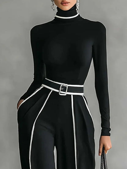 Women's high-neck long-sleeve wide-leg matching set with belt and contrast trim