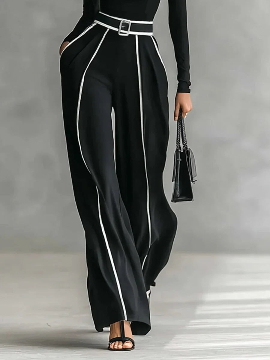Women's high-neck long-sleeve wide-leg matching set with belt and contrast trim