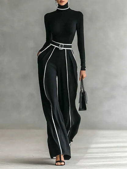 Women's high-neck long-sleeve wide-leg matching set with belt and contrast trim – Black