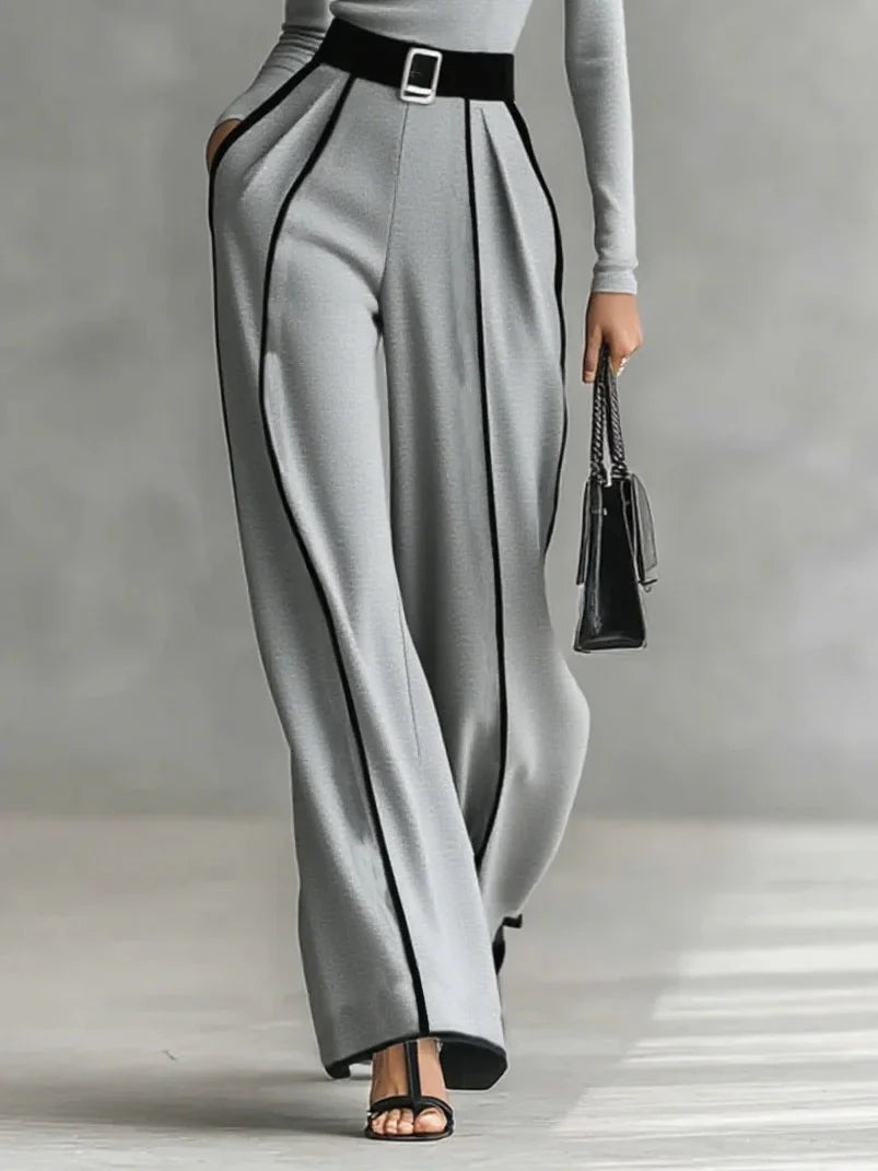 Women's high-neck long-sleeve wide-leg matching set with belt and contrast trim