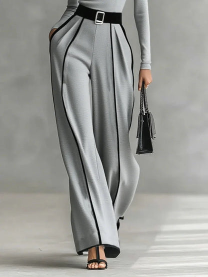Women's high-neck long-sleeve wide-leg matching set with belt and contrast trim